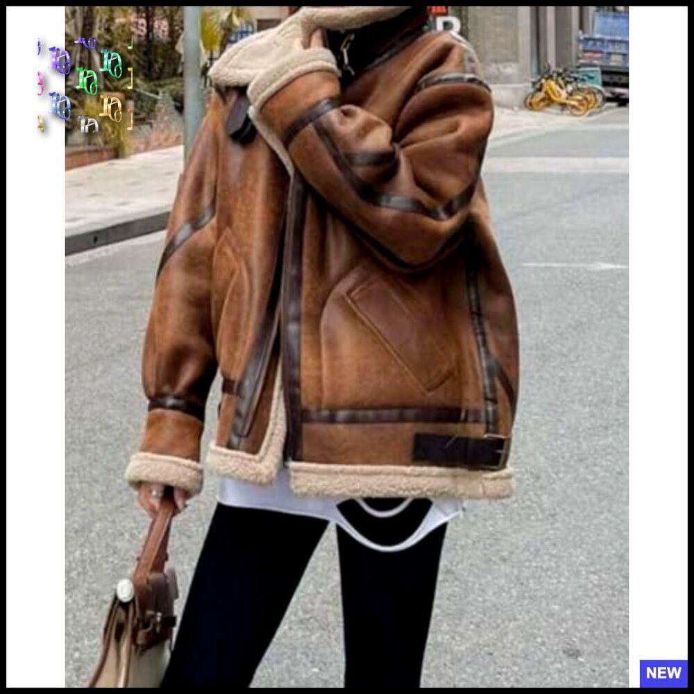 Oversized Faux Suede Moto Jacket Sherpa Lined Aviator Style Winter Coat - Picture 5 of 6